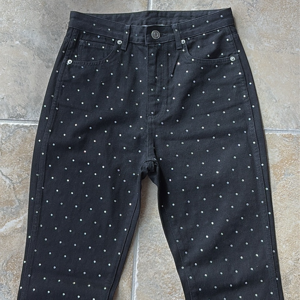 Gianni Bini $119 Black Ivy Rhinestone Straight Leg High Waisted Denim Jeans 27 - Picture 6 of 15